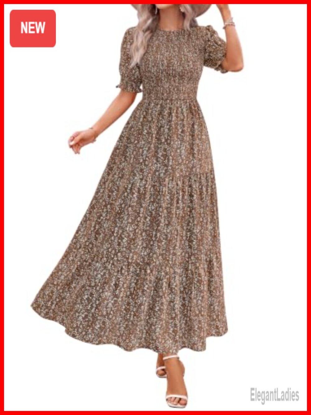 Casual Maxi Dress Smocked Puff Sleeve Flowy Tiered A-Line Boho